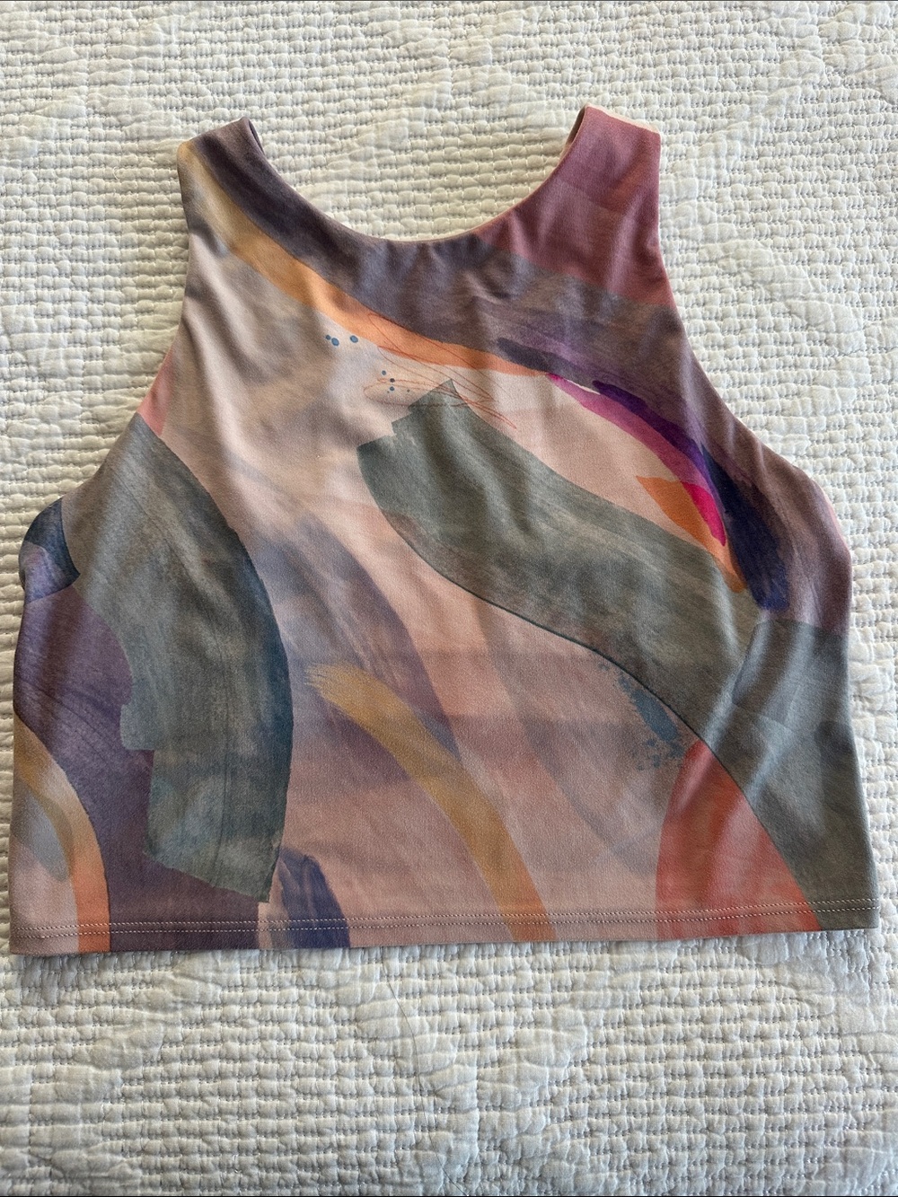 Athleta Abstract Brushstroke Crop Top in Mauve Pink, Olive, and Coral Size S